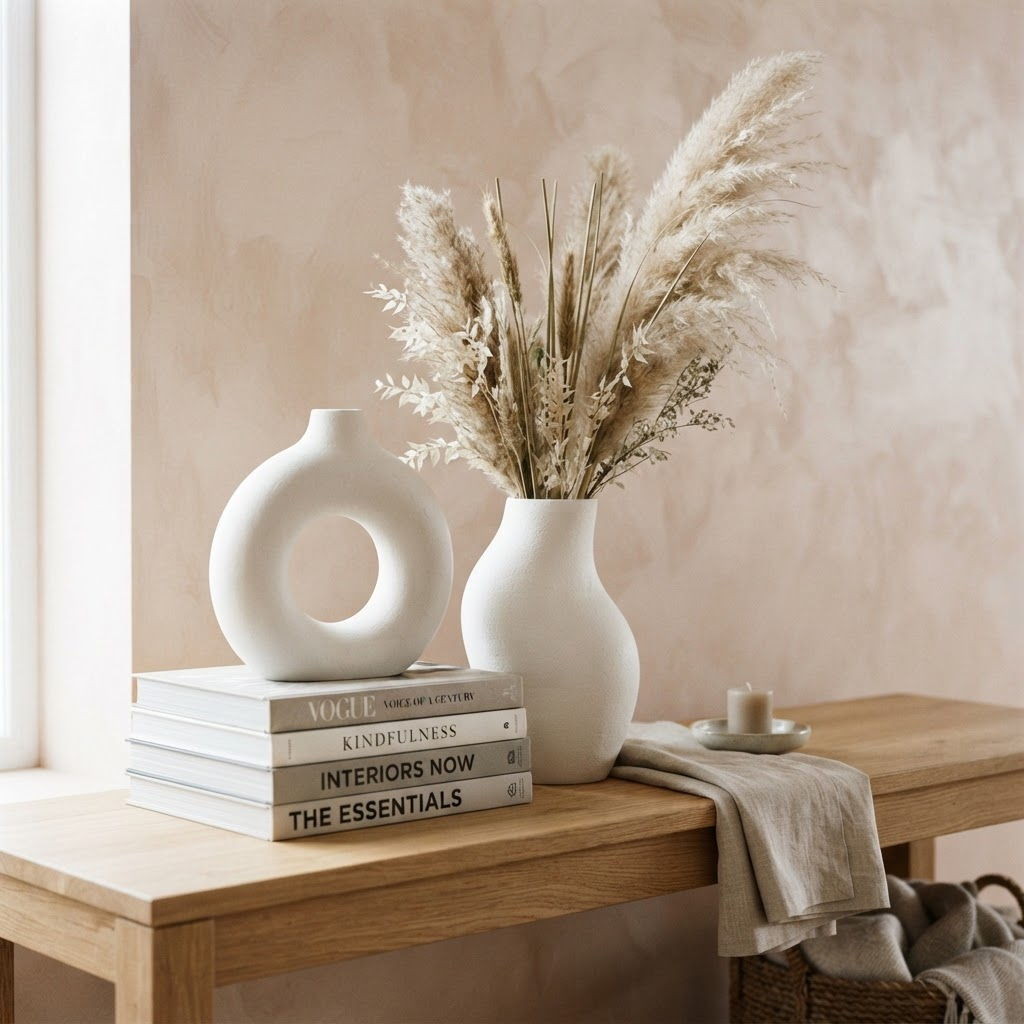 Vases en céramique blanche sur une pile de livres avec des herbes de la pampa
